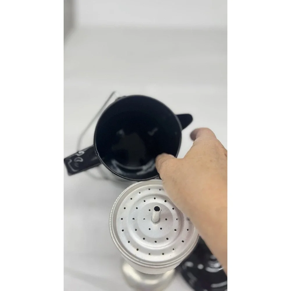 Vintage Black & White Speckled Enamelware Percolator Camping Cowboy Coffee Pot